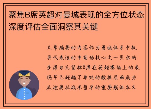 聚焦B席英超对曼城表现的全方位状态深度评估全面洞察其关键 聚焦B席英超对曼城表现的全方位状态深度评估全面洞察其关键
